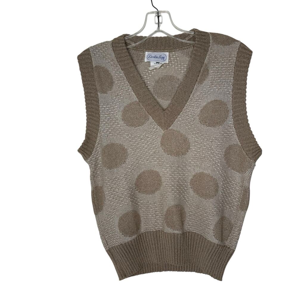 Vintage Leslie Fay 70's Beige Polka Dot Knit Sweater Vest Made In USA size 8